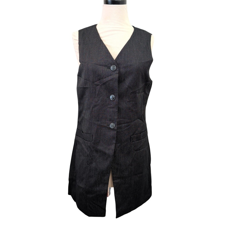 I'NESS Womens Black Pinstripe Longline Vest V-Neck Size 54 M Dark Academia
